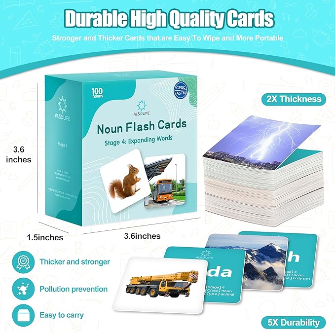 100 Nouns Flashcards, High-frequency Vocabulary Flash Cards for Toddlers 3-4, Intermediate Level Speech Therapy Materials, Sturdy and Durable Picture Cards for Autism Learning and ABA Therapy