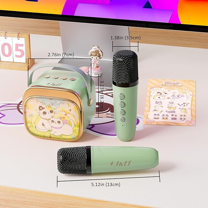 J&D Mini Karaoke Machine for Kids Adults, Portable Bluetooth Speaker with 2 Wireless Mics and Cat Sticker for Girls Boys Age 3–10 Birthday Gifts Princess Toys, Colorful LED, Green
