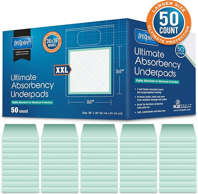 Inspire Extra Large Super Absorbent Disposable Bed Pads for Incontinence (36" X 36" Pack of 50) Ultra Thick and Absorbent Underpads Chux Adults, Puppies, Dogs Kids Furniture Protection