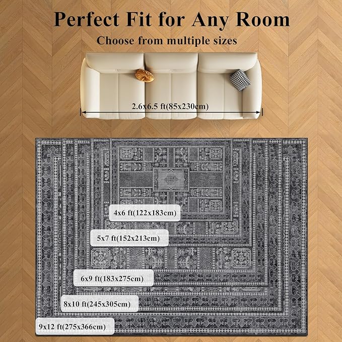 Washable Area Rugs 8x10, Large Rugs for Living Room, Carpet for Bedroom, Soft Faux Wool Retro Dining Room Rug, Non-Slip Backing Resistant Low Pile Vintage Print Rug for Home Office (Grey)