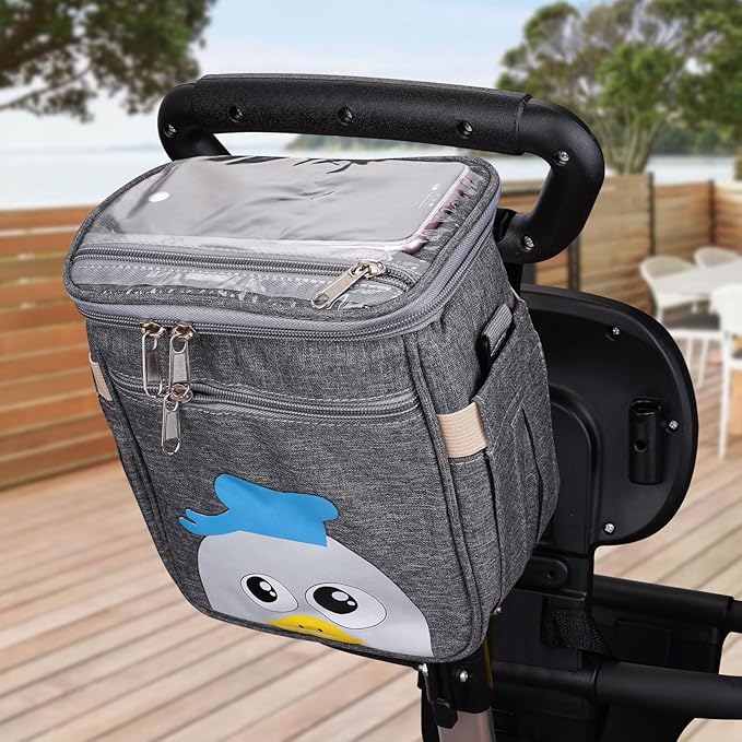 Baby Stroller Organizer Bag,Small Diaper Bag - Universal Stroller Organizer With Insulated Cup Holder,Pocket With Baby Wipes Dispenser,Adjustable Shoulder Strap(Deep Grey)