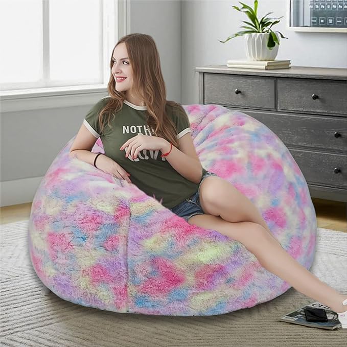 , New Tie Dye Rainbow Design Furry Bean Bag Chair. Premium And Luxurious Fur Bean Bag Without Bean Only Cover Jumbo, Multi