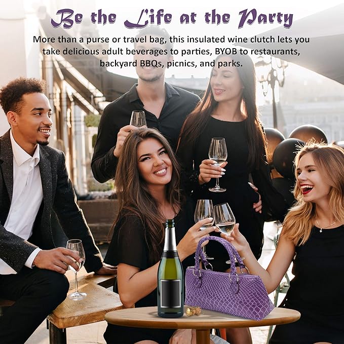 Wine Clutch Bag (Thermal Insulated) Trendy Women’s Carry Tote | Holds Red & White 750mL Bottles | Trendy Fashion | Incl. Portable Waiter-Style Corkscrew (Purple Burmese)