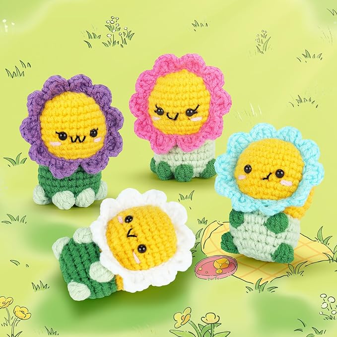 Crochet Kit for Beginners - 4PCS Flowers Complete Crochet Starter Kit with Step-by-Step Video Tutorials, Beginner Crochet Kits for Adults Kids Women, Flower Family Crocheting Set