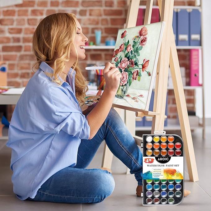 AROIC 48 Colors Watercolor Paint Set,Washable Water Color Paint KiTs with Refillable Water Brush Pens Travel Art Kit for Kids, Beginners & Artists Birthday Gift for Children & Art Lovers
