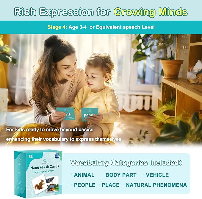 100 Nouns Flashcards, High-frequency Vocabulary Flash Cards for Toddlers 3-4, Intermediate Level Speech Therapy Materials, Sturdy and Durable Picture Cards for Autism Learning and ABA Therapy