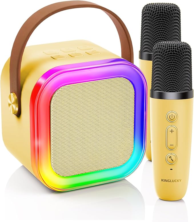 Kinglucky Mini Karaoke Machine for Kids, 2025 TOP Birthday Gifts Ideas for 3-12 Year Old Girls, Christmas Party Gifts Kids' Personal Video Players Accessories with 2 Wireless Microphones - Yellow