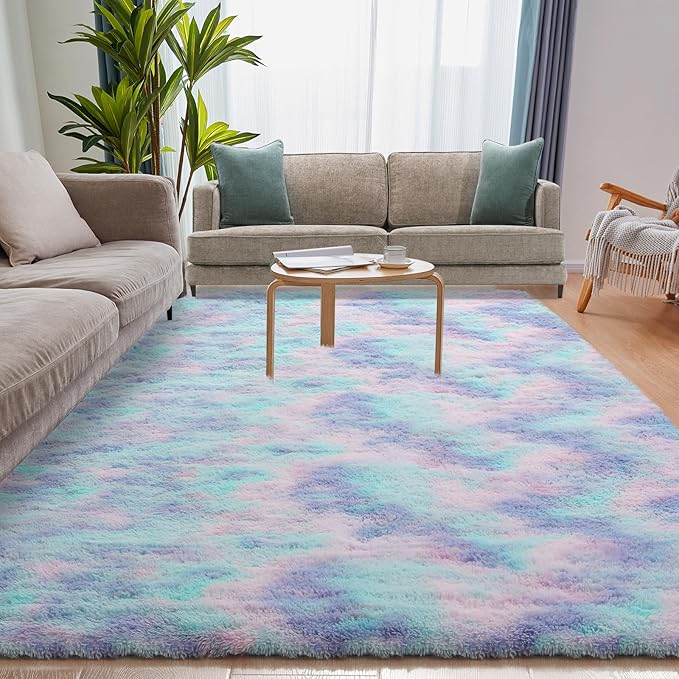 4x5.8 Rainbow Rug for Girls Room, Fluffy Area Rugs for Bedroom, Colorful Kids Rug Cute Anti-Skid Indoor Carpet for Nursery, Living Room, Playroom, Home Decor