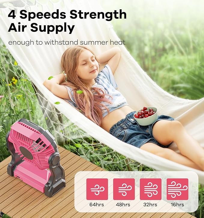 20000mAh Portable Battery Powered Camping Fan - with LED Light, Quiet Battery Operated, Camping Gear for Travel, Tent, Beach, Car or Hurricane Power Outages, Pink