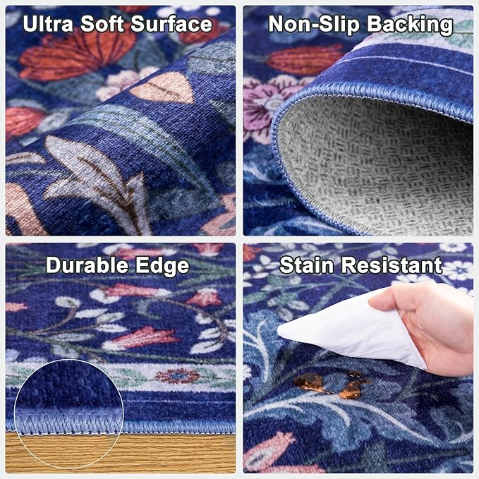 10x14 Area Rugs for Living Room: Floral Washable Rug Vintage Large Soft Boho Non-Slip Carpet Indoor Floor Stain Resistant Low Pile Carpets for Bedroom Dining Room Farmhouse Nursery Hallway Home Office