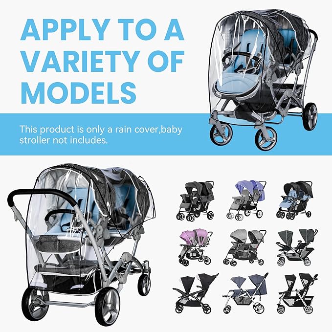 bemece Double Stroller Rain Cover, Weather Shield Double Stroller for Front and Rear Seats Twin Stroller, Baby Outdoor Activities Accessories, Protects Children from Rain, Snow, Wind