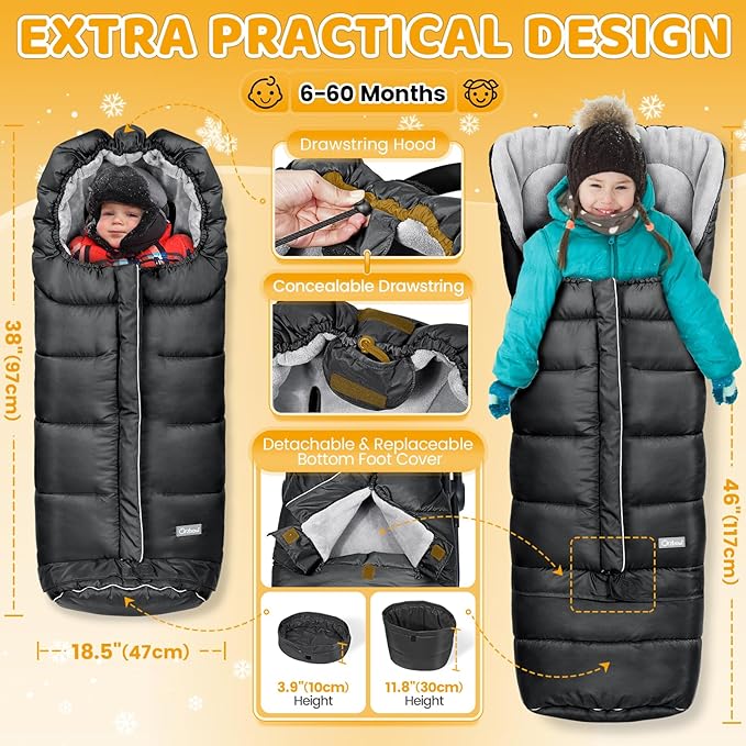 Orzbow Universal Stroller Bunting Bag with Extra Footmuff for Toddler, Kids, Warm Waterproof Stroller Blanket, Winter Cover, Baby Bunting Bag - Protect Babies from Cold Winds, Black