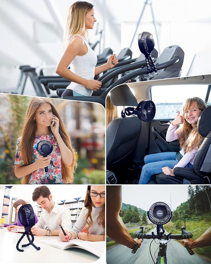 Stroller Fan Clip on for Baby, 4000mAh Rechargeable Battery Operated, Flexible Tripod, 3 Wind Speed, 360° Rotatable, Small Cooling Portable Fan for Car Seat Crib Golf Cart Treadmill, Navy Blue