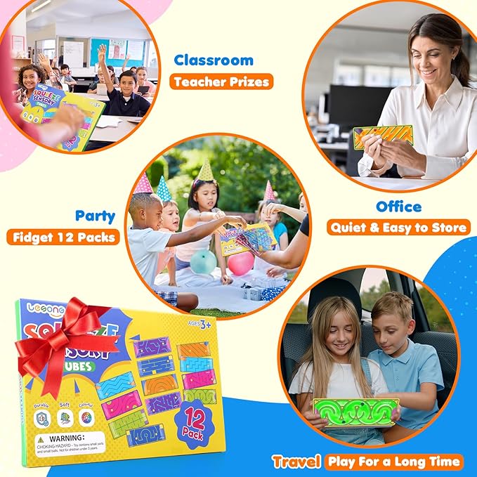 12-Pack Sensory Maze Fidget Toys for Kids & Adults: Quiet Squishy Calming Tools for Autism Children - Anxiety Fidgets for Travel & Office - Classroom Must Haves & Treasure Rewards Party Favors