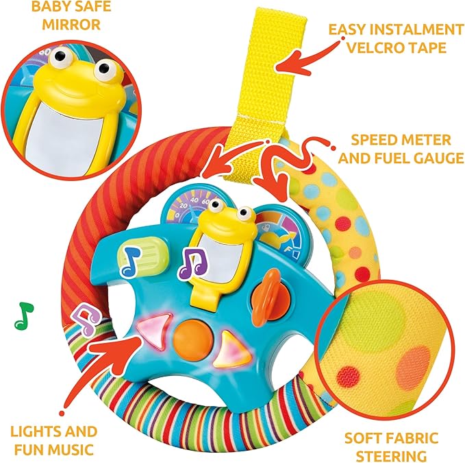 KiddoLab Steering Wheel Toy with Music,Lights,Sounds & Flip Up Mirror - Crib & Stroller Toys with Soft Fabric and Velcro Tap for Easy Attachment. Car Seat Toys for Babies and Toddlers. Ages 3 Months+