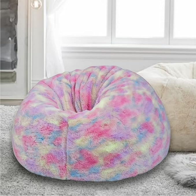 , New Tie Dye Rainbow Design Furry Bean Bag Chair. Premium And Luxurious Fur Bean Bag Without Bean Only Cover Jumbo, Multi