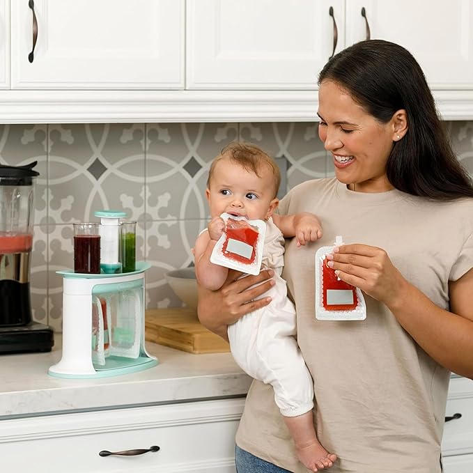 Infantino Squeeze Station, Baby Food Maker & Pouch Filler, Fill 3 Reusable Pouches at Once, Easy to Use, Dishwasher Safe, Homemade Baby Food Prep Essential, Teal