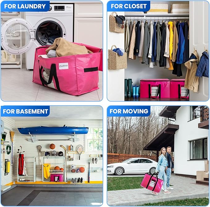 TAILI 12 Pack Pink Extra Large Moving Bags, Heavy Duty Totes with Visible Window, Wrap Around Handles, Space-Saving Storage Solution, Alternative to Moving Boxes