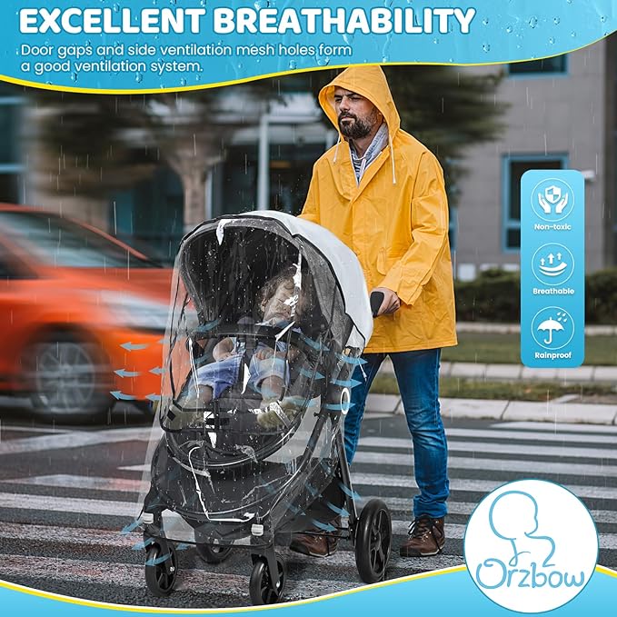 Universal Clear Stroller Rain Cover, No-Zip Waterproof Stroller Cover - Food Grade EVA & Frosted PVC, Baby Travel Weather Shield, Breathable Rain Cover for Most Single Strollers, Black