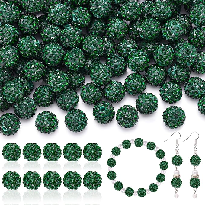 105pcs 10mm Rhinestone Beads for Jewelry Making, Dark Green Shiny Round Disco Ball Beads Bulk, Sparkle Crystal Clay Christmas for Bracelet Baseball Necklace Earring Crafting and DIY