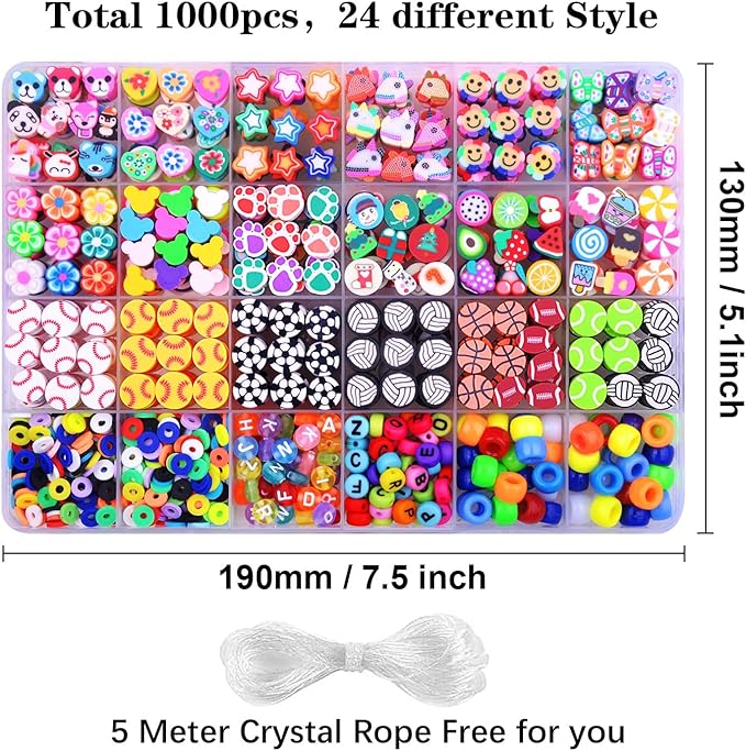 1000PCS Polymer Clay Beads Bracelet Making kit, 24 Style Cute Fun Sports Ball Beads Baseball Basketball Soccer Rugby Volleyball Football Charms, DIY Bracelet Making kit