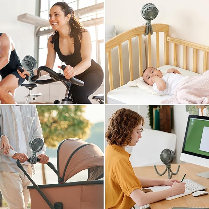 Momcozy Portable Stroller Fan, 8000mAh, 27H Ultra-long Battery Life, Detachable 4 Speed 360°Rotate, LED Night Light with 2 Modes, USB Rechargeable Handheld Cooling Fan for Travel, Car Seat, Bedroom