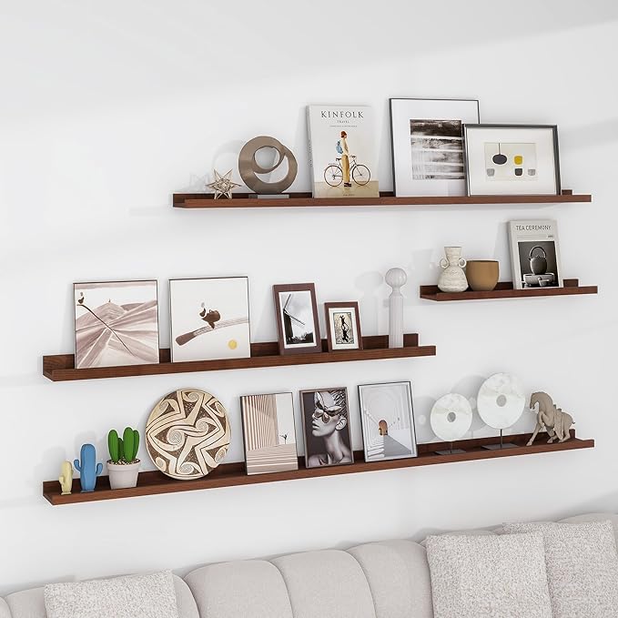 Solid Ash Wood Picture Ledge Shelf, 24 Inch Floating Shelves with Lip Set of 2, Photo Ledge Shelf Nursery Bookshelf Wall Mounted for Living Room Bedroom Decor, Walnut
