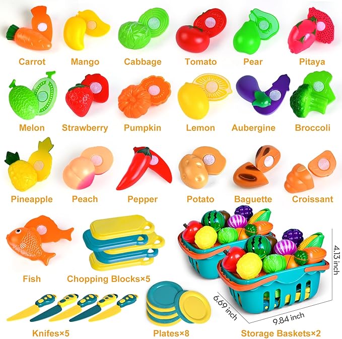 100 Pcs Play Food Set for Kids Kitchen, Pretend Food Toy for Toddlers Age 1-3, Plastics Cutting Fake Food/ Fruit/ Vegetable Accessories with 2 Baskets, Birthday Gifts for 2 3 4 5 Years Old Boys Girls