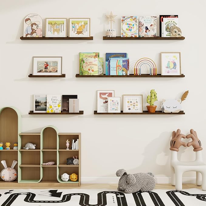 Picture Ledge Shelf, Solid Pine Wood Floating Shelves Set of 2, 48 Inches Nursery Book Shelves for Toys Storage, Kids Bookshelf Wall Mounted for Living Room Bedroom Decor Books Photo Frames, Walnut