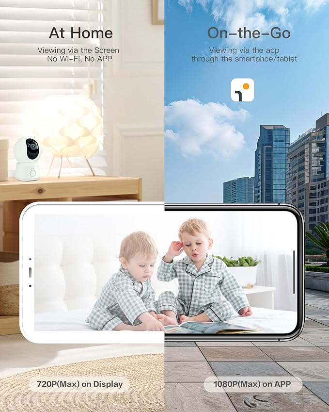 ARENTI B2, 360° View Baby Camera for Pet/Nanny, 2.4g WiFi Only, Temperature Sensor, Sound & Motion Detection, 2 Way Audio, Night Vision, Works Screen2-No Light