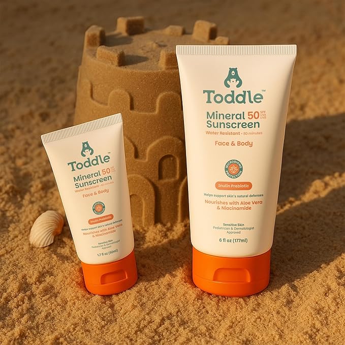 Prebiotic Mineral Sunscreen SPF 50 for Kids & Baby, Face & Body Sun Protection, Reef Safe, Non-Toxic Zinc Oxide Broad Spectrum, Water-Resistant, No White Cast, 6oz