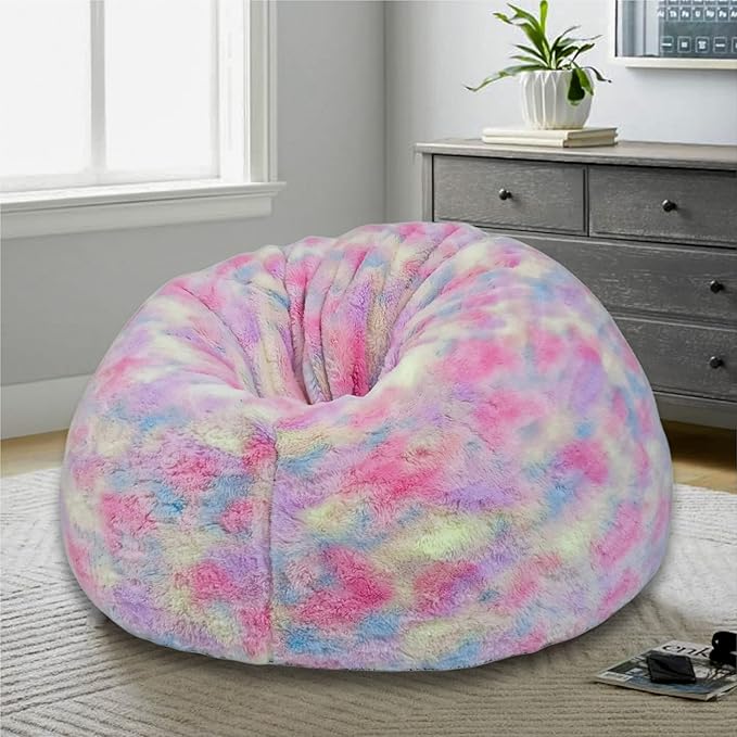 , New Tie Dye Rainbow Design Furry Bean Bag Chair. Premium And Luxurious Fur Bean Bag Without Bean Only Cover Jumbo, Multi