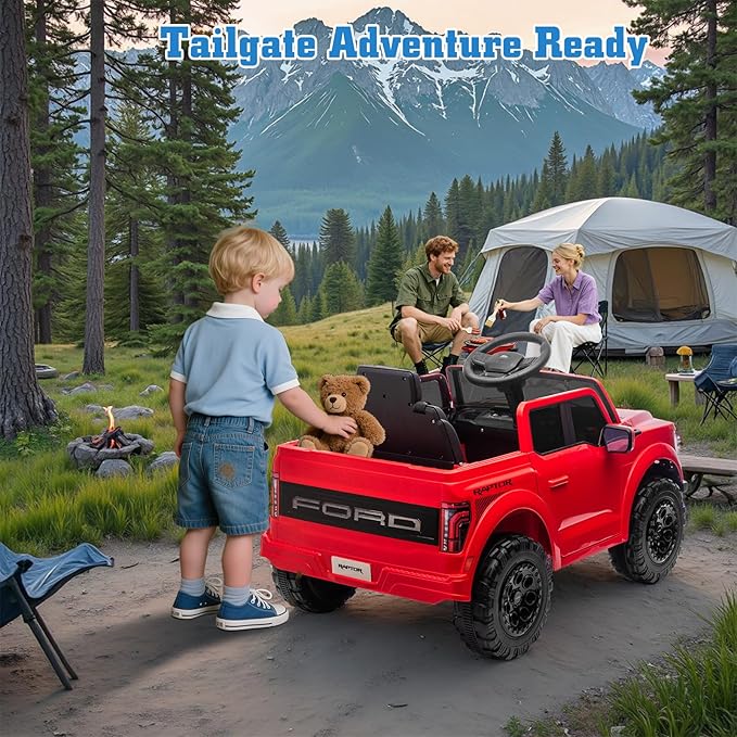 12V Ride on Car Licensed Ford F-150 Raptor, Kids Electric Car with Remote Control, LED Light/Music/MP3, Truck Bed Storage, 3-Point Seat Belt (12V, Red)