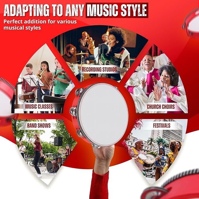 Flexzion Wood Handheld Tambourine Adults 8-Inch Double Row 8-Pair Jingles (Red) - Percussion Round Tamborines Musical Instrument with Metal Zills