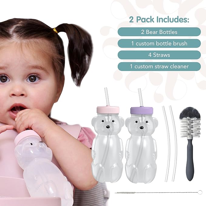 Honey Bear Straw Cup for Babies, 8oz Honey BearCup with Bottle Brush, 2-Pack Improved Lid Therapy Learning Honeybear Straw Cup for Baby, Cherry Blossom & Unicorn