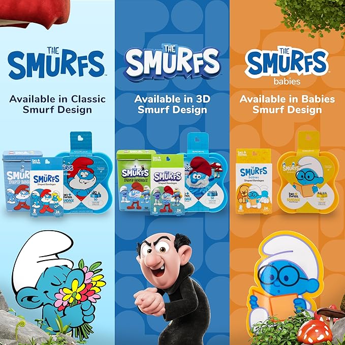 BioSwiss Bandages, The Smurfs in 3D Shaped Self Adhesive Bandage, Latex Free Sterile Wound Care, Fun First Aid Kit Supplies for Kids and Adults, 50 Count Plastic Case