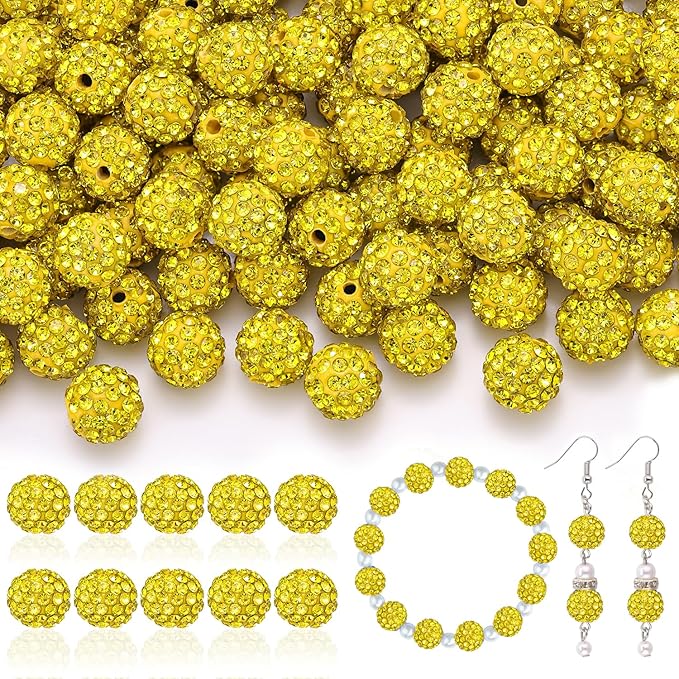 105pcs 10mm Rhinestone Beads for Jewelry Making, Yellow Shiny Round Disco Ball Beads Bulk, Sparkle Crystal Clay Christmas for Bracelet Baseball Necklace Earring Crafting and DIY
