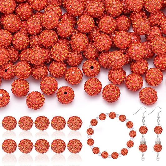 105pcs 10mm Rhinestone Beads for Jewelry Making, Orange Shiny Round Disco Ball Beads Bulk, Sparkle Crystal Clay Christmas for Bracelet Baseball Necklace Earring Crafting and DIY