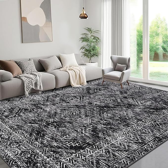 COZYLOOM Black Rug for Living Room 9x12 Machine Washable Area Rugs Modern Abstract Door Mats Non Slip Stain Resistant Geometric Accent Carpet for Bedroom, Dining Room, Nursery