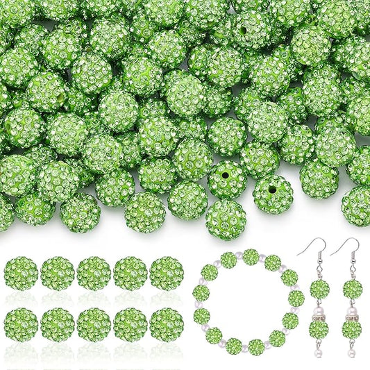 105pcs 10mm Rhinestone Beads for Jewelry Making, Light Green Shiny Round Disco Ball Beads Bulk, Sparkle Crystal Clay Christmas for Bracelet Baseball Necklace Earring Crafting and DIY