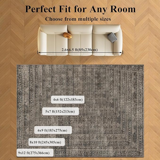 Washable Area Rugs 8x10, Large Rugs for Living Room, Carpet for Bedroom, Soft Faux Wool Retro Dining Room Rug, Non-Slip Backing Resistant Low Pile Vintage Print Rug for Home Office (Brown)