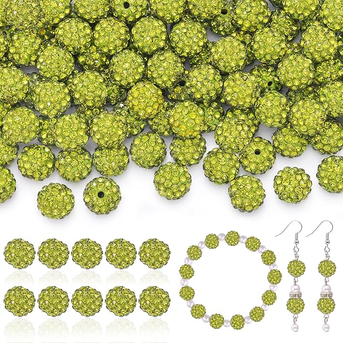 105pcs 10mm Rhinestone Beads for Jewelry Making, Olivine Shiny Round Disco Ball Beads Bulk, Sparkle Crystal Clay Christmas for Bracelet Baseball Necklace Earring Crafting and DIY