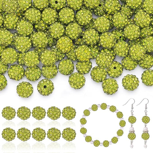 105pcs 10mm Rhinestone Beads for Jewelry Making, Olivine Shiny Round Disco Ball Beads Bulk, Sparkle Crystal Clay Christmas for Bracelet Baseball Necklace Earring Crafting and DIY
