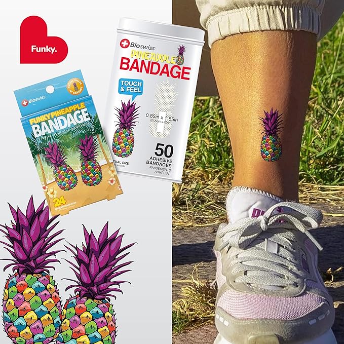 BioSwiss Bandages, Pineapple Shaped Self Adhesive Bandage, Latex Free Sterile Wound Care, Fun First Aid Kit Supplies for Kids, 50 Count