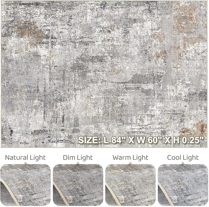 5x7 Area Rugs Washable Rug: Living Room Large Abstract Modern Soft Stain Resistant Indoor Floor Non Slip Accent Carpet for Bedroom Nursery Playroom Dining Room Office Dorm Home- Gray Rust