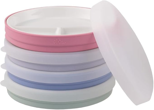 Elk and Friends Kids 6.7” Porcelain Divided Plates with Silicone Sleeves + Silicone Lids | Suitable for Babies/Kids/Toddlers | Microwave & Dishwasher Safe | Non Slip | Snack Dishes