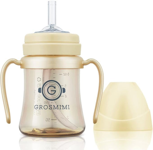 GROSMIMI Spill Proof no Spill Magic Sippy Cup with Straw with Handle for Baby and Toddlers, Customizable, PPSU, BPA Free 6 oz (Butter)