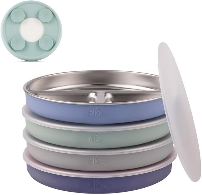 Elk and Friends Stainless Steel Divided Plates with Silicone Sleeve for Babies & Toddlers | Lids Included | Stay Put Suction | Dinner & Snack Plates | 4 Pack