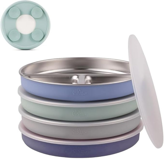 Elk and Friends Stainless Steel Divided Plates with Silicone Sleeve for Babies & Toddlers | Lids Included | Stay Put Suction | Dinner & Snack Plates | 4 Pack