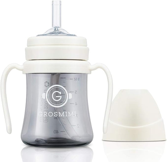 GROSMIMI Spill Proof no Spill Magic Sippy Cup with Straw with Handle for Baby and Toddlers, Customizable, PPSU, BPA Free 6 oz (White)